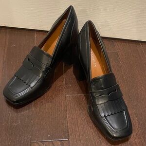 Marc Fisher Black Leather Loafers with Fringe Detail